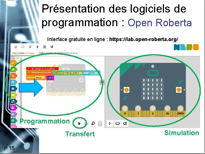 Présentation des logiciels de programmation : Open Roberta Interface gratuite en ligne : https: