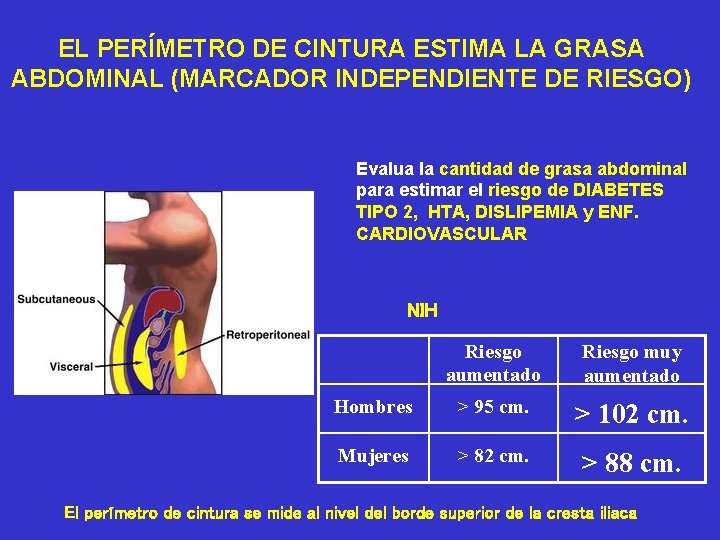 EL PERÍMETRO DE CINTURA ESTIMA LA GRASA ABDOMINAL (MARCADOR INDEPENDIENTE DE RIESGO) Evalua la