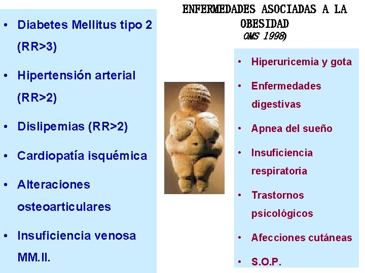  • Diabetes Mellitus tipo 2 (RR>3) ENFERMEDADES ASOCIADAS A LA OBESIDAD OMS 1998)