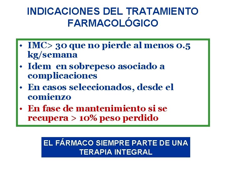 INDICACIONES DEL TRATAMIENTO FARMACOLÓGICO • IMC> 30 que no pierde al menos 0. 5