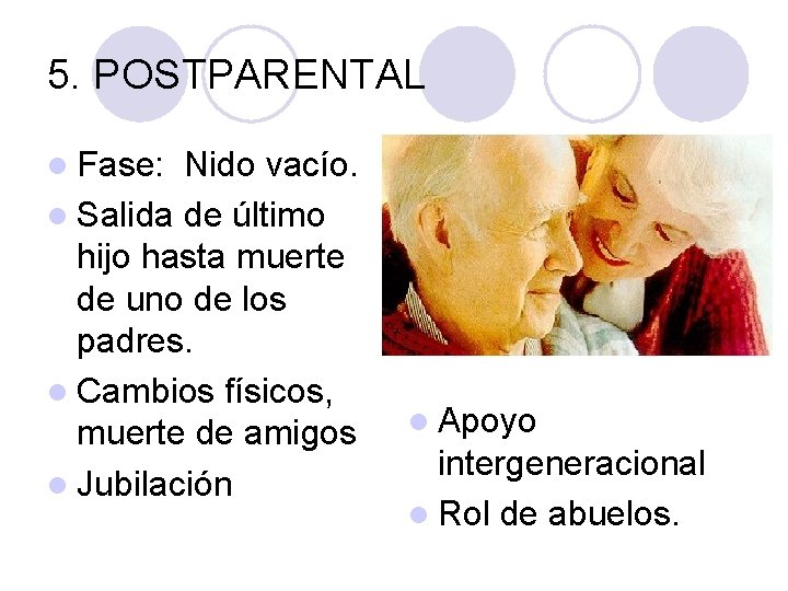 5. POSTPARENTAL l Fase: Nido vacío. l Salida de último hijo hasta muerte de 5. POSTPARENTAL l Fase: Nido vacío. l Salida de último hijo hasta muerte de