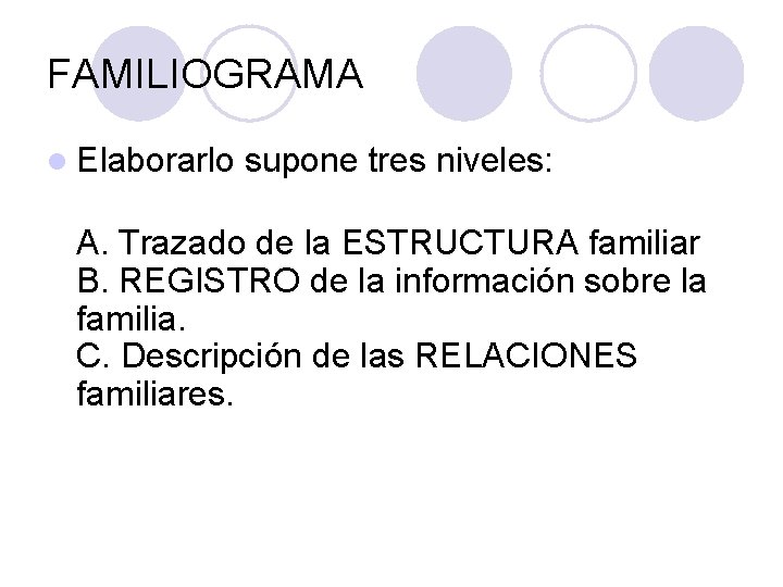 FAMILIOGRAMA l Elaborarlo supone tres niveles: A. Trazado de la ESTRUCTURA familiar B. REGISTRO FAMILIOGRAMA l Elaborarlo supone tres niveles: A. Trazado de la ESTRUCTURA familiar B. REGISTRO
