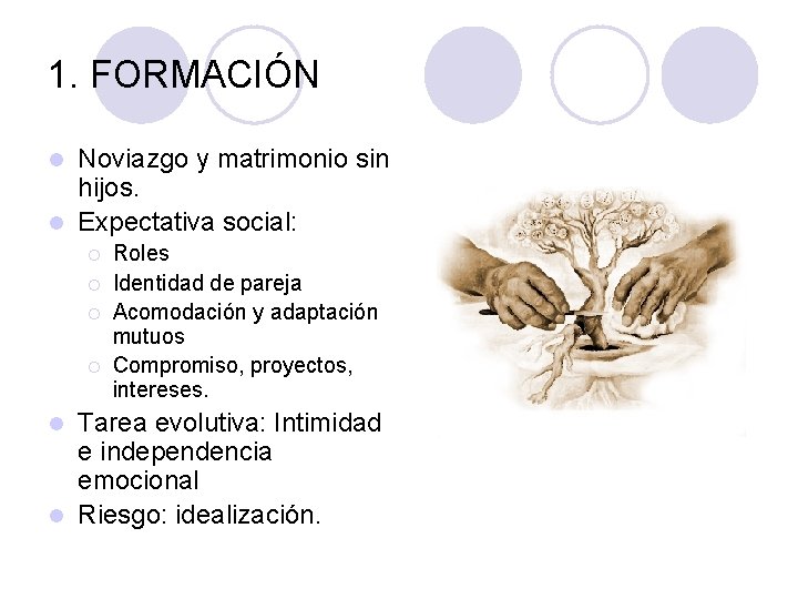 1. FORMACIÓN Noviazgo y matrimonio sin hijos. l Expectativa social: l ¡ ¡ Roles 1. FORMACIÓN Noviazgo y matrimonio sin hijos. l Expectativa social: l ¡ ¡ Roles