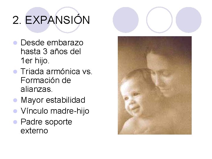 2. EXPANSIÓN l l l Desde embarazo hasta 3 años del 1 er hijo. 2. EXPANSIÓN l l l Desde embarazo hasta 3 años del 1 er hijo.