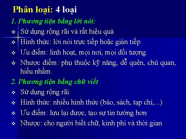 Phân loại: 4 loại 1. Phương tiện bằng lời nói: v Sử dụng rộng Phân loại: 4 loại 1. Phương tiện bằng lời nói: v Sử dụng rộng