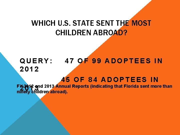 WHICH U. S. STATE SENT THE MOST CHILDREN ABROAD? QUERY: 47 OF 99 ADOPTEES WHICH U. S. STATE SENT THE MOST CHILDREN ABROAD? QUERY: 47 OF 99 ADOPTEES