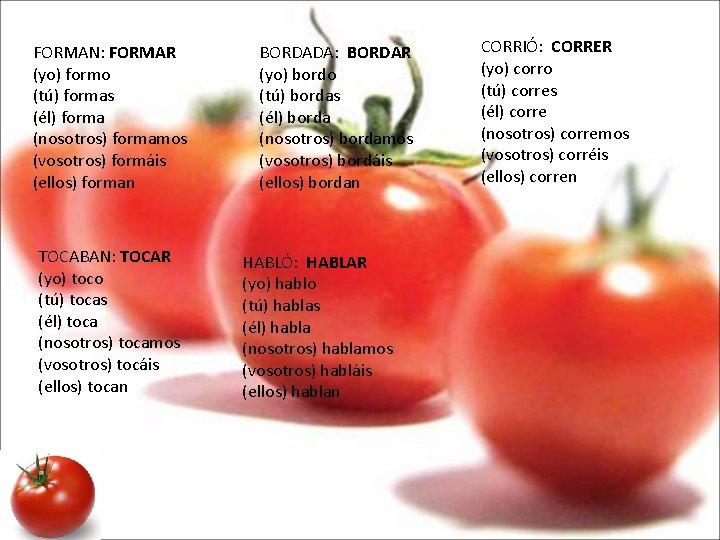 FORMAN: FORMAR (yo) formo (tú) formas (él) forma (nosotros) formamos (vosotros) formáis (ellos) forman