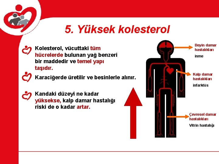 5. Yüksek kolesterol Kolesterol, vücuttaki tüm hücrelerde bulunan yağ benzeri bir maddedir ve temel