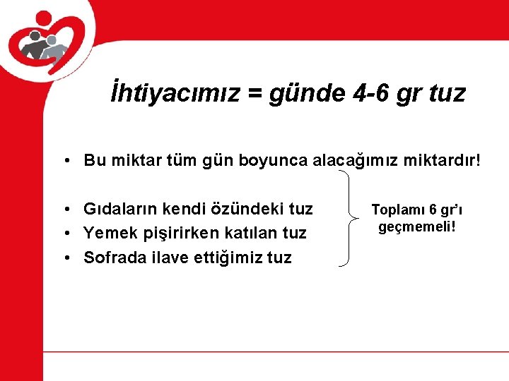 İhtiyacımız = günde 4 -6 gr tuz • Bu miktar tüm gün boyunca alacağımız İhtiyacımız = günde 4 -6 gr tuz • Bu miktar tüm gün boyunca alacağımız