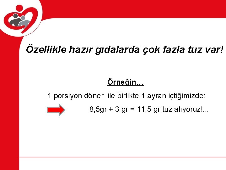 Özellikle hazır gıdalarda çok fazla tuz var! Örneğin… 1 porsiyon döner ile birlikte 1