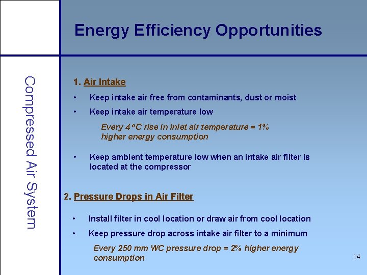 Energy Efficiency Opportunities Compressed Air System 1. Air Intake • Keep intake air free