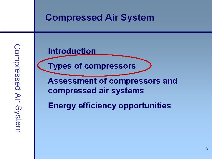 Compressed Air System Introduction Types of compressors Assessment of compressors and compressed air systems