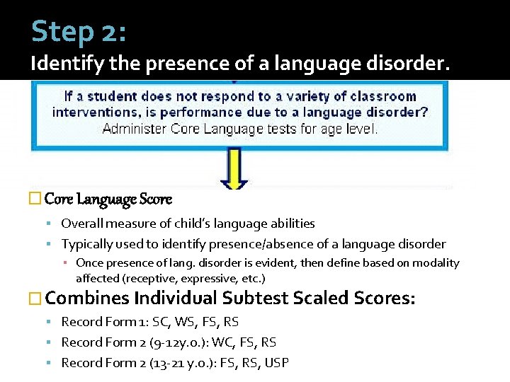 Step 2: Identify the presence of a language disorder. � Core Language Score Overall