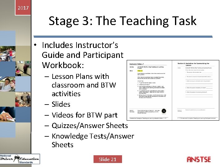 2017 Stage 3: The Teaching Task • Includes Instructor’s Guide and Participant Workbook: –