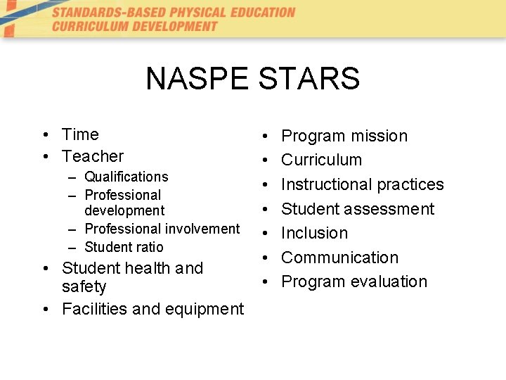 NASPE STARS • Time • Teacher – Qualifications – Professional development – Professional involvement NASPE STARS • Time • Teacher – Qualifications – Professional development – Professional involvement