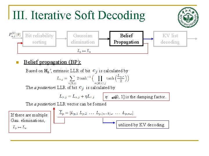 III. Iterative Soft Decoding Bit reliability sorting n Gaussian elimination Belief Propagation KV list III. Iterative Soft Decoding Bit reliability sorting n Gaussian elimination Belief Propagation KV list