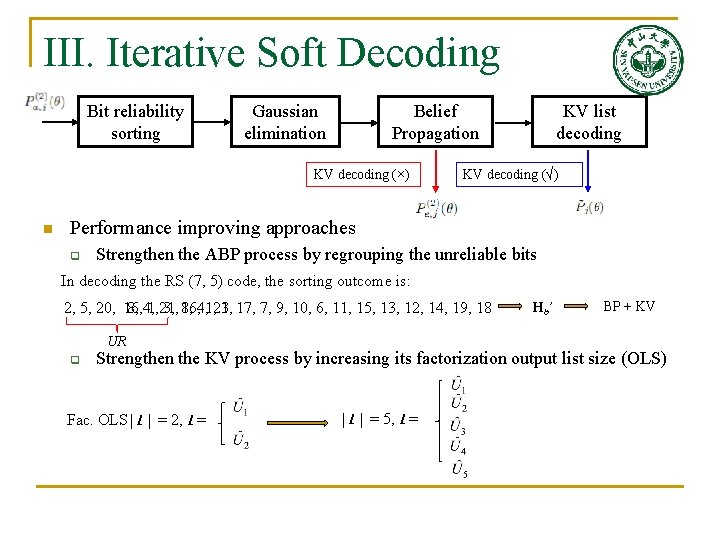 III. Iterative Soft Decoding Bit reliability sorting Gaussian elimination Belief Propagation KV decoding (×)
