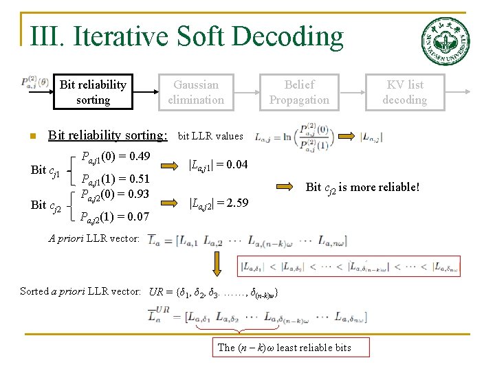 III. Iterative Soft Decoding Bit reliability sorting n Bit reliability sorting: Bit cj 1