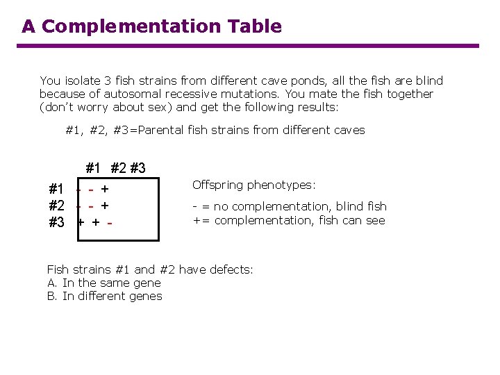 A Complementation Table You isolate 3 fish strains from different cave ponds, all the