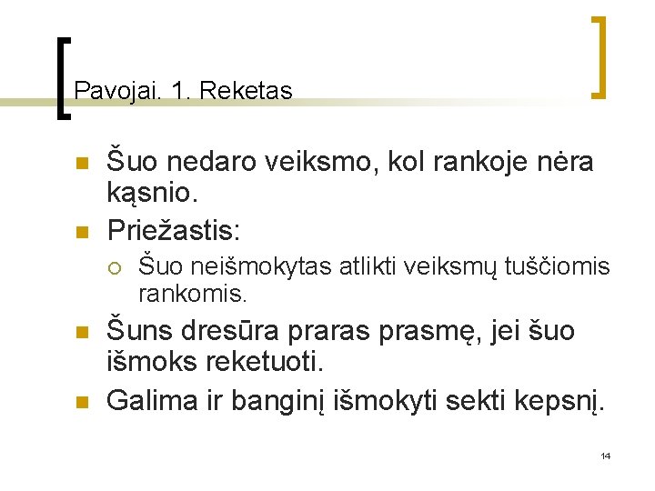 Pavojai. 1. Reketas n n Šuo nedaro veiksmo, kol rankoje nėra kąsnio. Priežastis: ¡