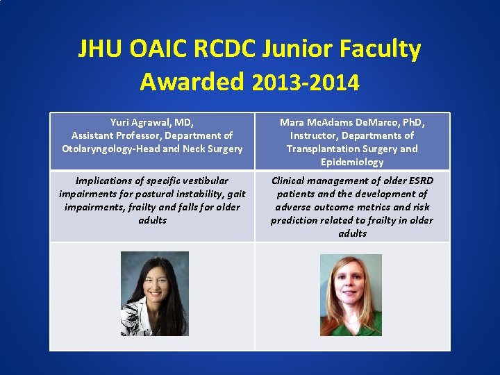 JHU OAIC RCDC Junior Faculty Awarded 2013 -2014 Yuri Agrawal, MD, Assistant Professor, Department