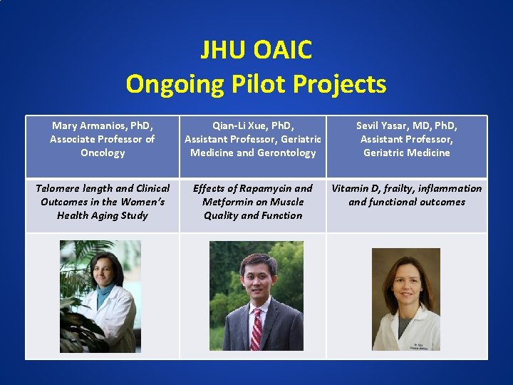JHU OAIC Ongoing Pilot Projects Mary Armanios, Ph. D, Associate Professor of Oncology Qian-Li