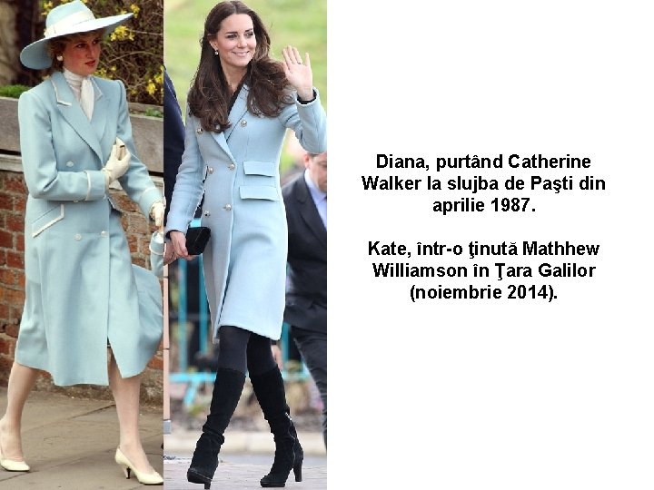 Diana, purtând Catherine Walker la slujba de Paşti din aprilie 1987. Kate, într-o ţinută