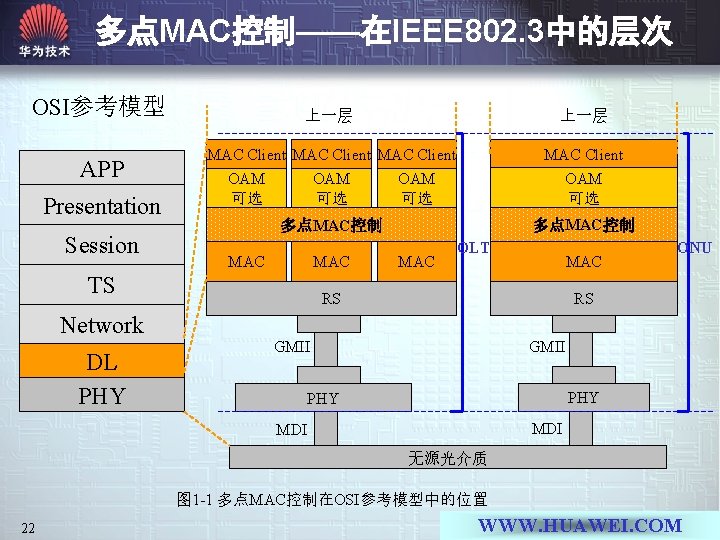 多点MAC控制——在IEEE 802. 3中的层次 OSI参考模型 APP Presentation Session 上一层 MAC Client OAM 可选 多点MAC控制 MAC