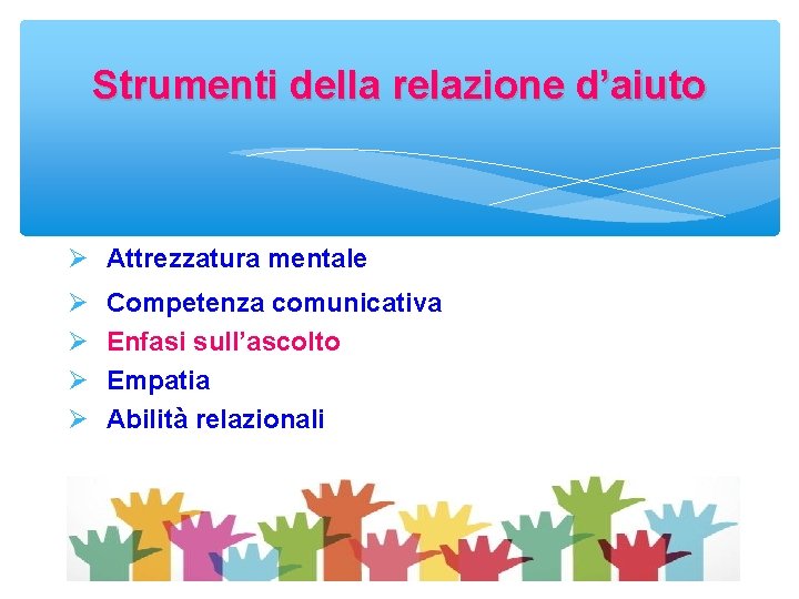 Strumenti della relazione d’aiuto Attrezzatura mentale Competenza comunicativa Enfasi sull’ascolto Empatia Abilità relazionali 