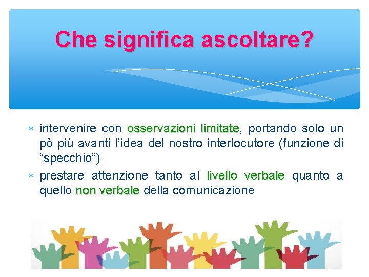 Che significa ascoltare? intervenire con osservazioni limitate, limitate portando solo un pò più avanti