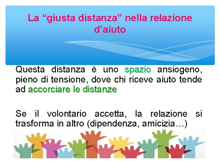 La “giusta distanza” nella relazione d’aiuto Questa distanza è uno spazio ansiogeno, pieno di