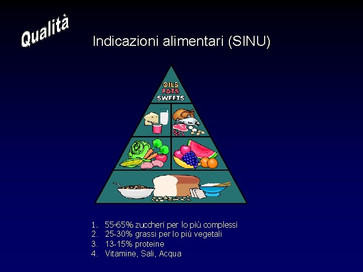 Indicazioni alimentari (SINU) 1. 2. 3. 4. 55 -65% zuccheri per lo più complessi