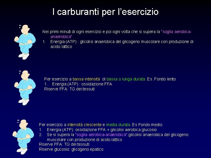 I carburanti per l’esercizio Nei primi minuti di ogni esercizio e poi ogni volta