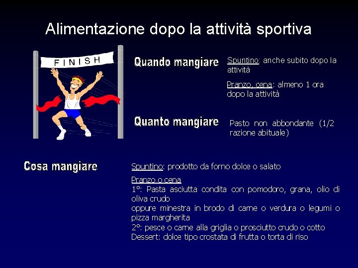 Alimentazione dopo la attività sportiva Spuntino: anche subito dopo la attività Pranzo, cena: almeno