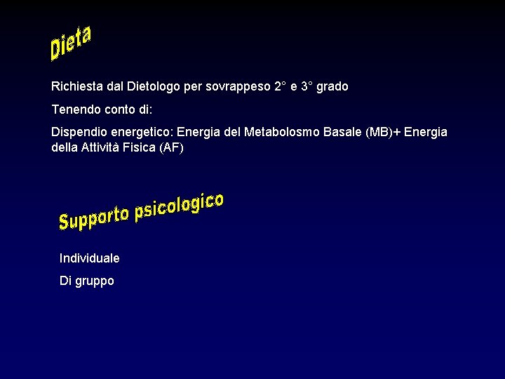 Richiesta dal Dietologo per sovrappeso 2° e 3° grado Tenendo conto di: Dispendio energetico: