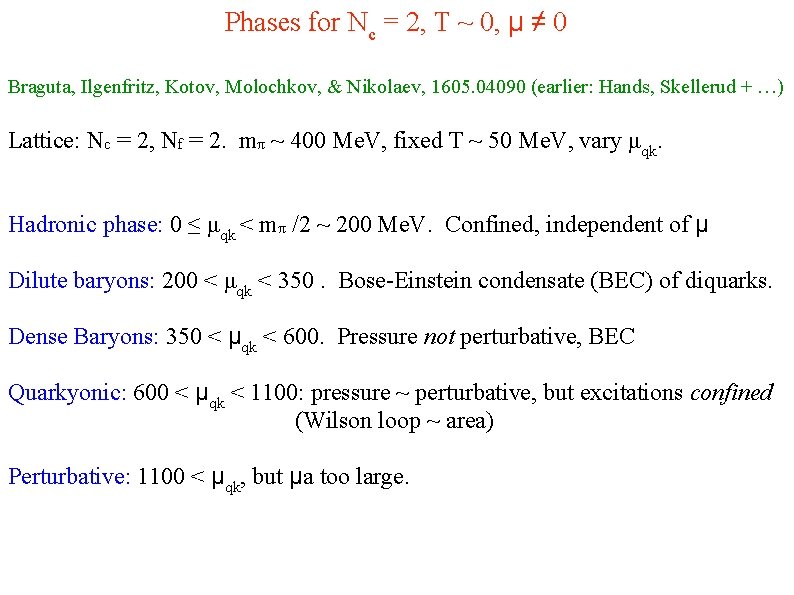 Phases for Nc = 2, T ~ 0, μ ≠ 0 Braguta, Ilgenfritz, Kotov,