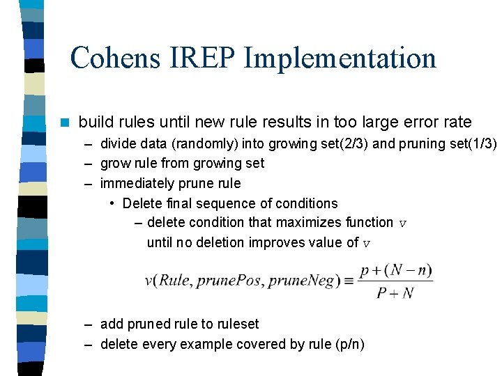 Cohens IREP Implementation n build rules until new rule results in too large error Cohens IREP Implementation n build rules until new rule results in too large error