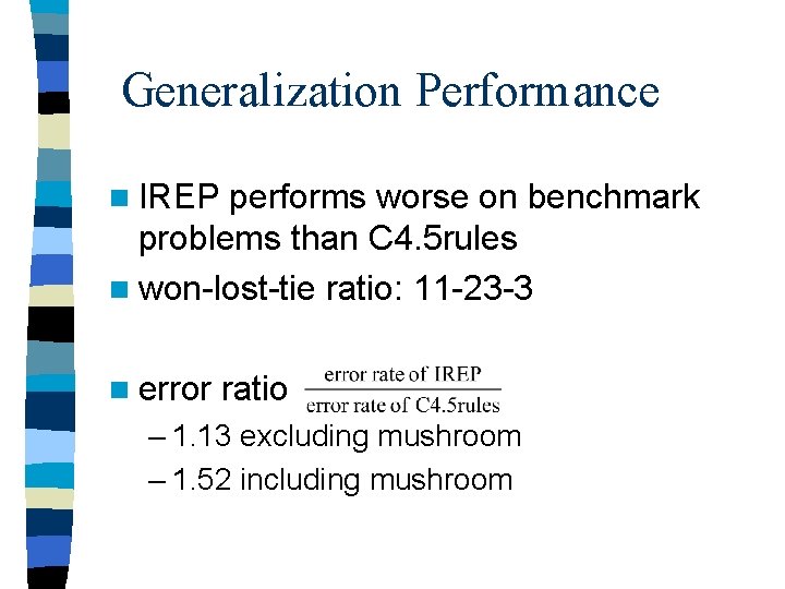 Generalization Performance n IREP performs worse on benchmark problems than C 4. 5 rules Generalization Performance n IREP performs worse on benchmark problems than C 4. 5 rules
