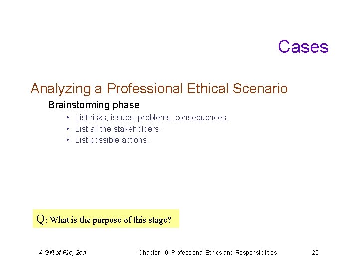 Cases Analyzing a Professional Ethical Scenario Brainstorming phase • List risks, issues, problems, consequences.