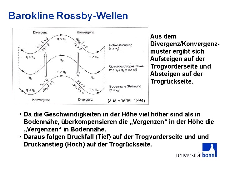 Barokline Rossby-Wellen Aus dem Divergenz/Konvergenzmuster ergibt sich Aufsteigen auf der Trogvorderseite und Absteigen auf Barokline Rossby-Wellen Aus dem Divergenz/Konvergenzmuster ergibt sich Aufsteigen auf der Trogvorderseite und Absteigen auf