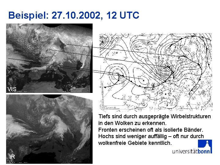 Beispiel: 27. 10. 2002, 12 UTC VIS Tiefs sind durch ausgeprägte Wirbelstrukturen in den