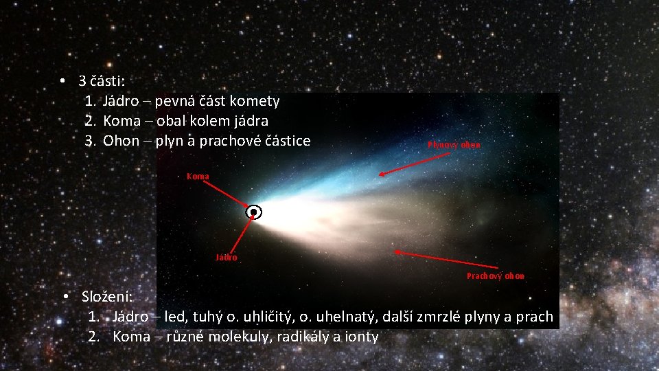  • 3 části: 1. Jádro – pevná část komety 2. Koma – obal