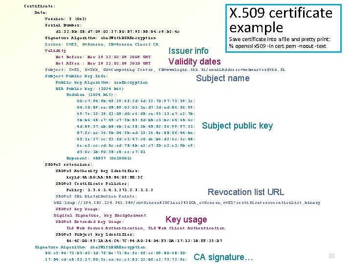 X. 509 certificate example Certificate: Data: Version: 3 (0 x 2) Serial Number: d