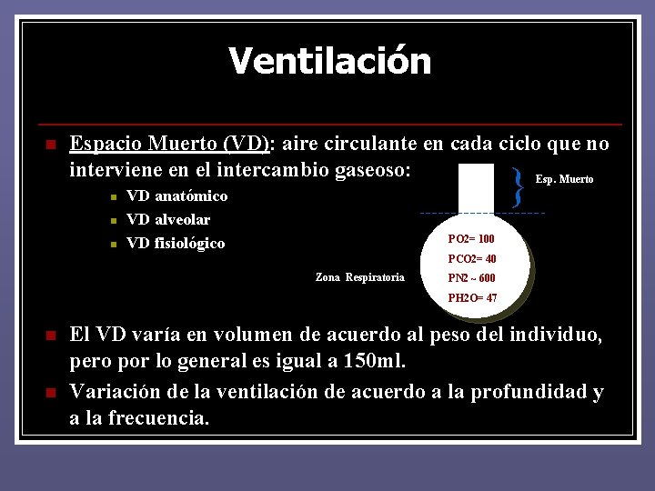Ventilación n Espacio Muerto (VD): aire circulante en cada ciclo que no interviene en Ventilación n Espacio Muerto (VD): aire circulante en cada ciclo que no interviene en