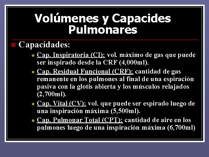 Volúmenes y Capacides Pulmonares n Capacidades: n n Cap. Inspiratoria (CI): vol. máximo de Volúmenes y Capacides Pulmonares n Capacidades: n n Cap. Inspiratoria (CI): vol. máximo de