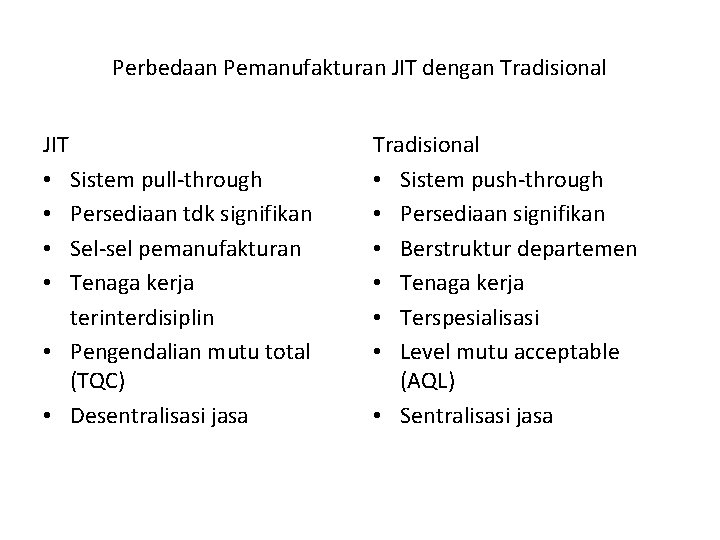 Perbedaan Pemanufakturan JIT dengan Tradisional JIT • Sistem pull-through • Persediaan tdk signifikan •