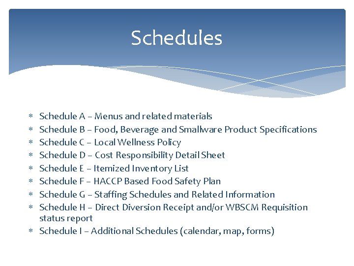 Schedules Schedule A – Menus and related materials Schedule B – Food, Beverage and