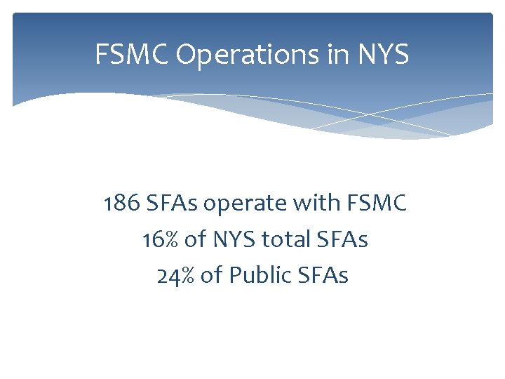 FSMC Operations in NYS 186 SFAs operate with FSMC 16% of NYS total SFAs
