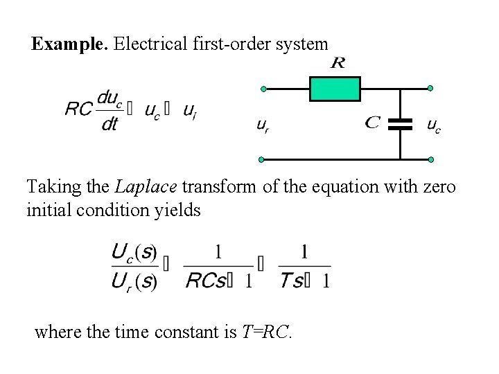 Example. Electrical first-order system Taking the Laplace transform of the equation with zero initial