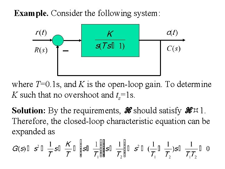 Example. Consider the following system: where T=0. 1 s, and K is the open-loop